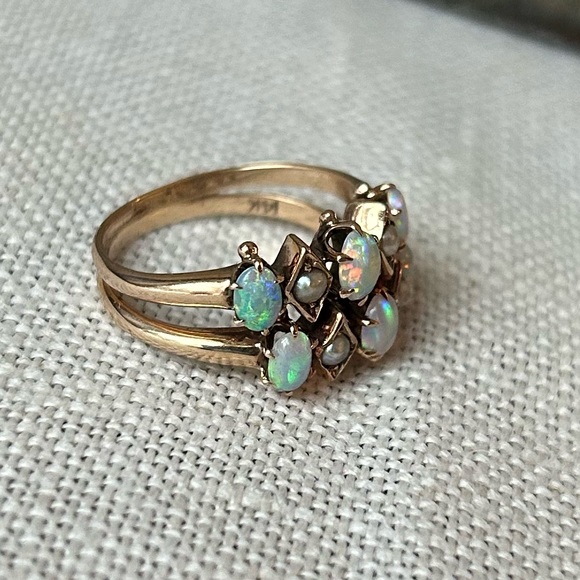 Antique 14K Seed Pearl & Opal Double Ring - Picture 7 of 8